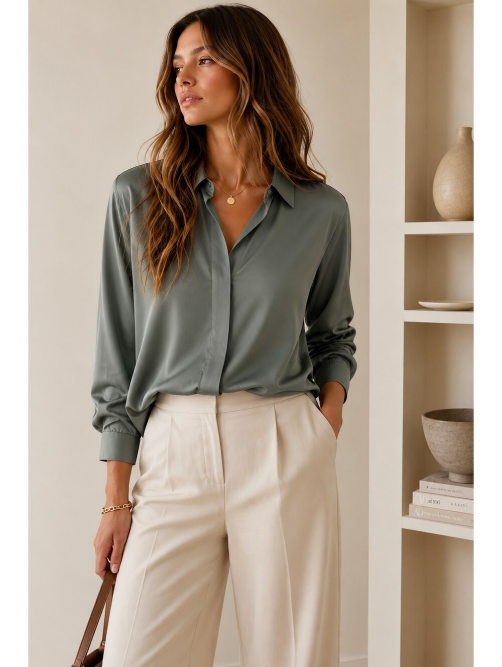 Sage Green Satin Button Down Blouse Size Medium Minimalist Quiet Luxury H&M